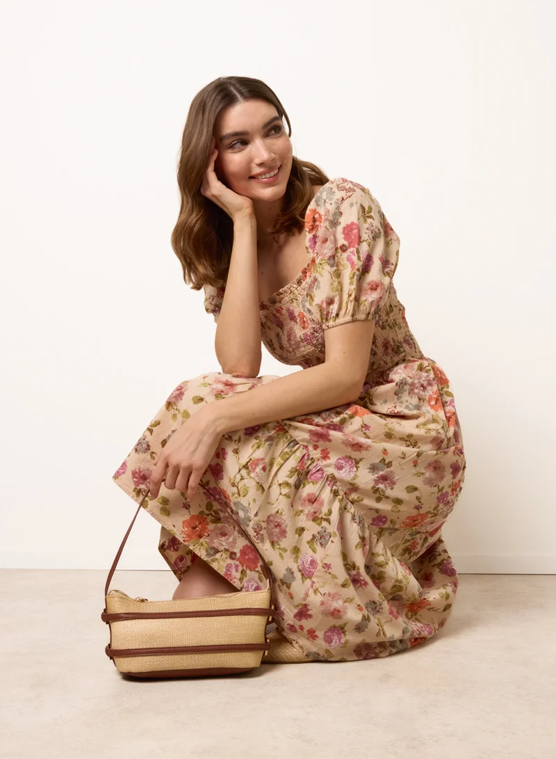بلو فانيلا Milkmaid Floral Puff Sleeve Shirred Midi Dress
